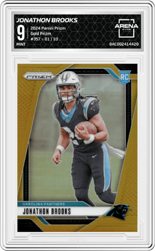 Jonathon Brooks from the 2024 Panini Prizm set featuring a Gold Prizm parallel graded by Arena Club and given an overall grade of 9.