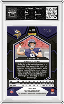 J.J. McCarthy from the 2024 Panini Mosaic set featuring a Blue Mosaic parallel graded by Arena Club and given an overall grade of 9.