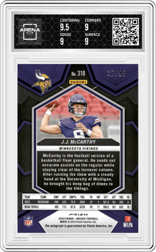 J.J. McCarthy from the 2024 Panini Mosaic set featuring a Blue Mosaic parallel graded by Arena Club and given an overall grade of 9.