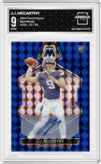 J.J. McCarthy from the 2024 Panini Mosaic set featuring a Blue Mosaic parallel graded by Arena Club and given an overall grade of 9.