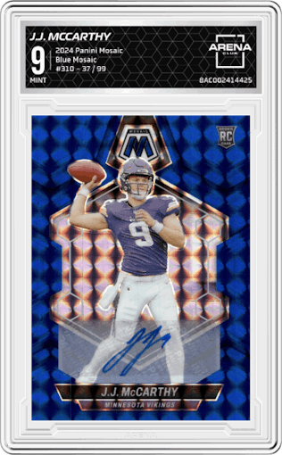 J.J. McCarthy from the 2024 Panini Mosaic set featuring a Blue Mosaic parallel graded by Arena Club and given an overall grade of 9.