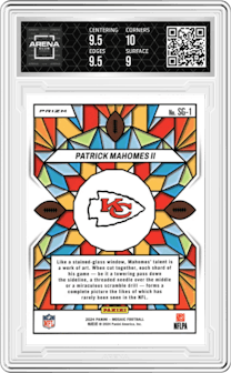 Patrick Mahomes II from the 2024 Panini Mosaic set graded by Arena Club and given an overall grade of 9.5.