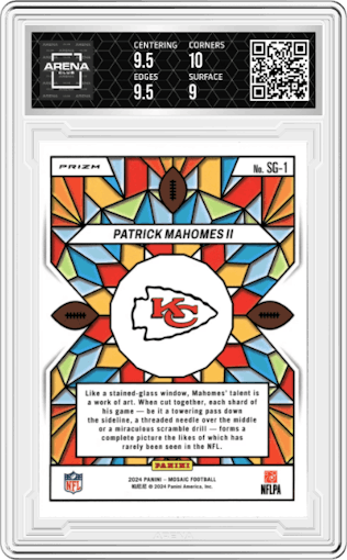 Patrick Mahomes II from the 2024 Panini Mosaic set graded by Arena Club and given an overall grade of 9.5.