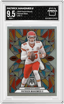 Patrick Mahomes II from the 2024 Panini Mosaic set graded by Arena Club and given an overall grade of 9.5.