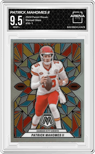 Patrick Mahomes II from the 2024 Panini Mosaic set graded by Arena Club and given an overall grade of 9.5.