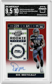 DK Metcalf from the 2019 Panini Contenders Optic set featuring a 2024 Black Box parallel graded by Arena Club and given an overall grade of 9.5.
