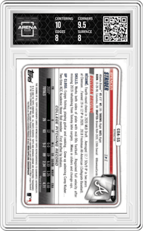 Spencer Strider from the 2020 Bowman Draft set featuring a Refractor parallel graded by Arena Club and given an overall grade of 8.5.