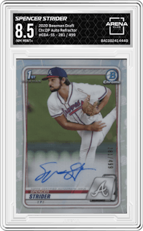 Spencer Strider from the 2020 Bowman Draft set featuring a Refractor parallel graded by Arena Club and given an overall grade of 8.5.