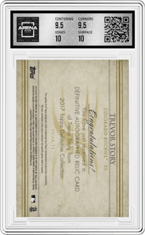 Trevor Story from the 2017 Topps Definitive Collection set featuring a Purple parallel graded by Arena Club and given an overall grade of 10.