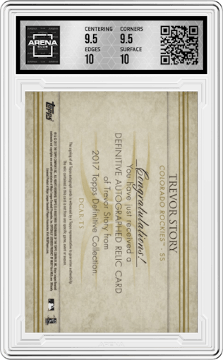 Trevor Story from the 2017 Topps Definitive Collection set featuring a Purple parallel graded by Arena Club and given an overall grade of 10.