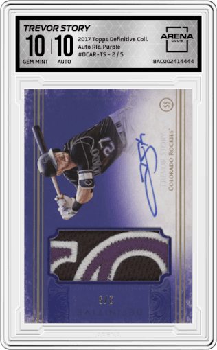 Trevor Story from the 2017 Topps Definitive Collection set featuring a Purple parallel graded by Arena Club and given an overall grade of 10.