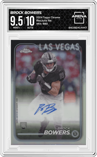 Brock Bowers from the 2024 Topps Chrome set graded by Arena Club and given an overall grade of 9.5.