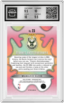 Giannis Antetokounmpo from the 2024-25 Panini Prizm set graded by Arena Club and given an overall grade of 10.