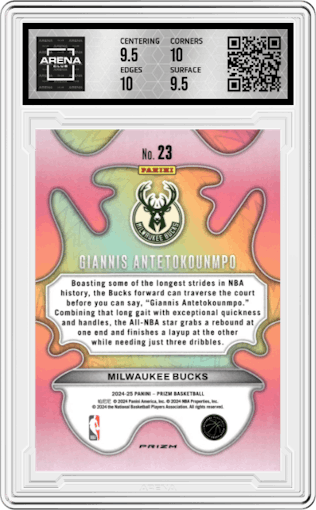 Giannis Antetokounmpo from the 2024-25 Panini Prizm set graded by Arena Club and given an overall grade of 10.