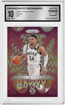 Giannis Antetokounmpo from the 2024-25 Panini Prizm set graded by Arena Club and given an overall grade of 10.