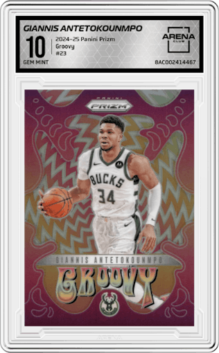 Giannis Antetokounmpo from the 2024-25 Panini Prizm set graded by Arena Club and given an overall grade of 10.