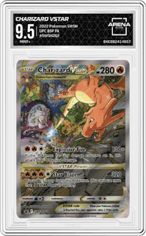 Charizard VSTAR from the 2022 Pokemon SWSH set featuring a Ultra Premium Collection parallel graded by Arena Club and given an overall grade of 9.5.