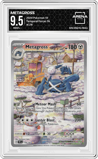 Metagross from the 2024 Pokemon SV set graded by Arena Club and given an overall grade of 9.5.