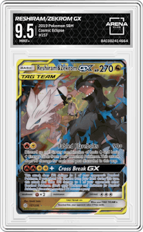 Reshiram/Zekrom GX from the 2019 Pokemon S&M  set graded by Arena Club and given an overall grade of 9.5.