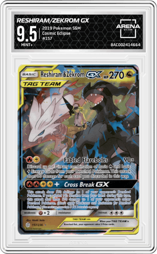 Reshiram/Zekrom GX from the 2019 Pokemon S&M  set graded by Arena Club and given an overall grade of 9.5.