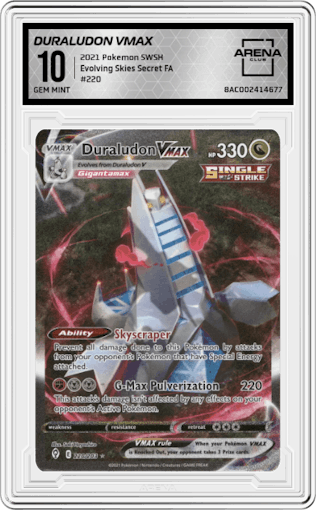 Duraludon VMAX from the 2021 Pokemon SWSH set graded by Arena Club and given an overall grade of 10.