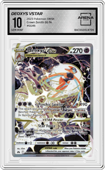 Deoxys VSTAR from the 2023 Pokemon SWSH set graded by Arena Club and given an overall grade of 10.