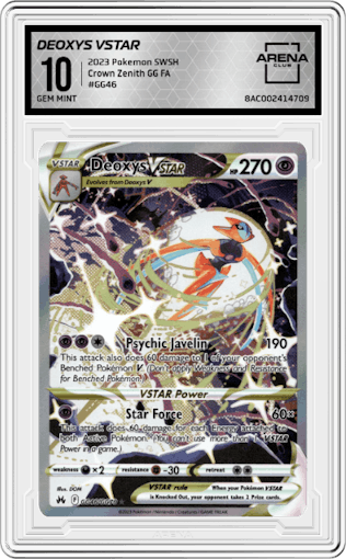 Deoxys VSTAR from the 2023 Pokemon SWSH set graded by Arena Club and given an overall grade of 10.