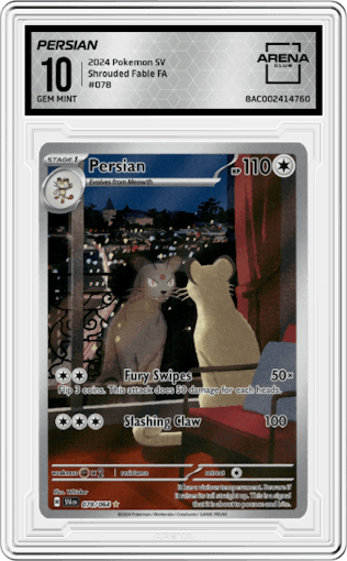 Persian from the 2024 Pokemon SV set graded by Arena Club and given an overall grade of 10.