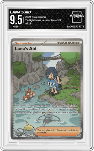  Lana's Aid from the 2024 Pokemon SV set graded by Arena Club and given an overall grade of 9.5.