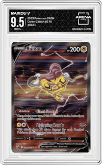 Raikou V from the 2023 Pokemon SWSH set graded by Arena Club and given an overall grade of 9.5.