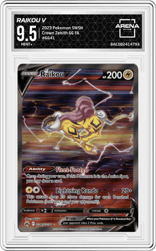 Raikou V from the 2023 Pokemon SWSH set graded by Arena Club and given an overall grade of 9.5.