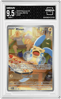 Minun from the 2023 Pokemon SV set graded by Arena Club and given an overall grade of 9.5.