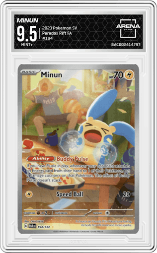 Minun from the 2023 Pokemon SV set graded by Arena Club and given an overall grade of 9.5.