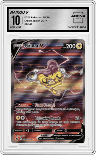 Raikou V from the 2023 Pokemon SWSH set graded by Arena Club and given an overall grade of 10.