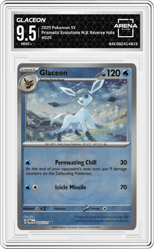 Glaceon from the 2025 Pokemon SV set featuring a Master Ball parallel graded by Arena Club and given an overall grade of 9.5.