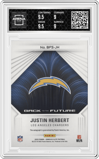 Justin Herbert from the 2022 Panini Donruss Elite set graded by Arena Club and given an overall grade of 9.5.