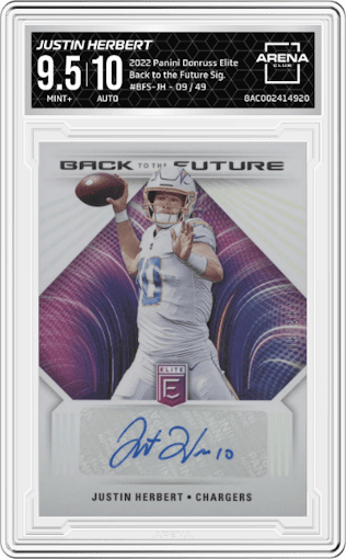 Justin Herbert from the 2022 Panini Donruss Elite set graded by Arena Club and given an overall grade of 9.5.