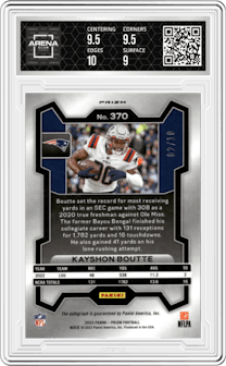 Kayshon Boutte from the 2023 Panini Prizm set featuring a No Huddle Gold parallel graded by Arena Club and given an overall grade of 9.5.