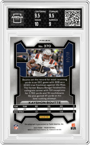 Kayshon Boutte from the 2023 Panini Prizm set featuring a No Huddle Gold parallel graded by Arena Club and given an overall grade of 9.5.