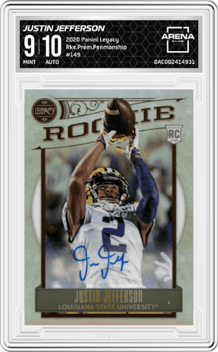 Justin Jefferson from the 2020 Panini Legacy set graded by Arena Club and given an overall grade of 9.