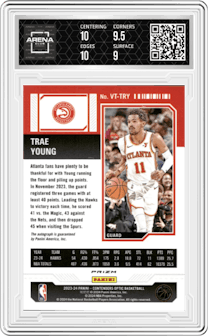 Trae Young from the 2023-24 Panini Contenders Optic set and given an overall grade of 9.5.