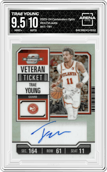 Trae Young from the 2023-24 Panini Contenders Optic set and given an overall grade of 9.5.