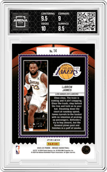 LeBron James from the 2023-24 Panini Mosaic set featuring a Orange Fluorescent parallel and given an overall grade of 9.