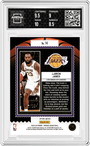 LeBron James from the 2023-24 Panini Mosaic set featuring a Orange Fluorescent parallel graded by Arena Club and given an overall grade of 9.
