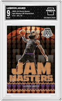 LeBron James from the 2023-24 Panini Mosaic set featuring a Orange Fluorescent parallel and given an overall grade of 9.