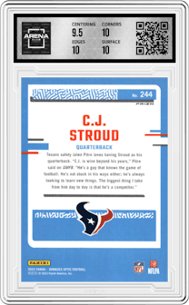 C.J. Stroud from the 2023 Donruss Optic set featuring a Teal Velocity parallel graded by Arena Club and given an overall grade of 10.