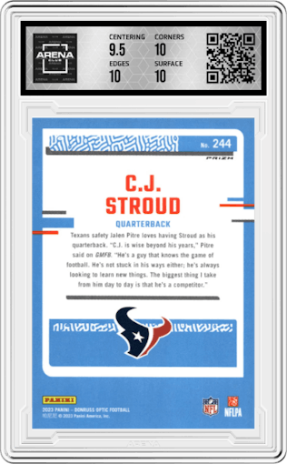 C.J. Stroud from the 2023 Donruss Optic set featuring a Teal Velocity parallel graded by Arena Club and given an overall grade of 10.