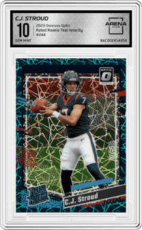 C.J. Stroud from the 2023 Donruss Optic set featuring a Teal Velocity parallel graded by Arena Club and given an overall grade of 10.