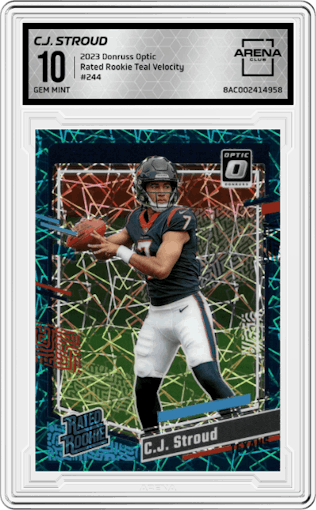 C.J. Stroud from the 2023 Donruss Optic set featuring a Teal Velocity parallel graded by Arena Club and given an overall grade of 10.