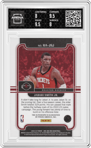 Jabari Smith Jr. from the 2022-23 Panini One and One set featuring a Blue  parallel graded by Arena Club and given an overall grade of 8.5.